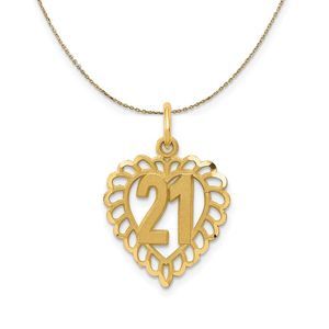 14k Yellow Gold Number 21 Heart Necklace - 16 Inch